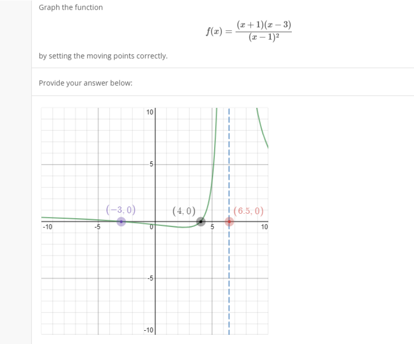 Graph the function
by setting the moving points correctly.
Provide your answer below:
-10
-5
(-3,0)
10
5
5
-10
(4,0)
f(x) =
5
(x + 1)(x-3)
(x - 1)²
(6.5, 0)
10