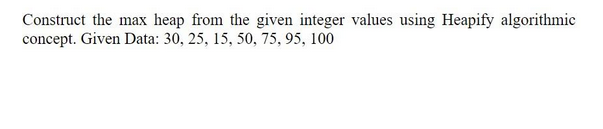 Construct the max heap from the given integer values using Heapify algorithmic
concept. Given Data: 30, 25, 15, 50, 75, 95, 100