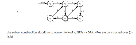 3.
start
9₂
Use subset construction algorithm to convert following NFAS -> DFA. NFAs are constructed over [ =
(a, b)