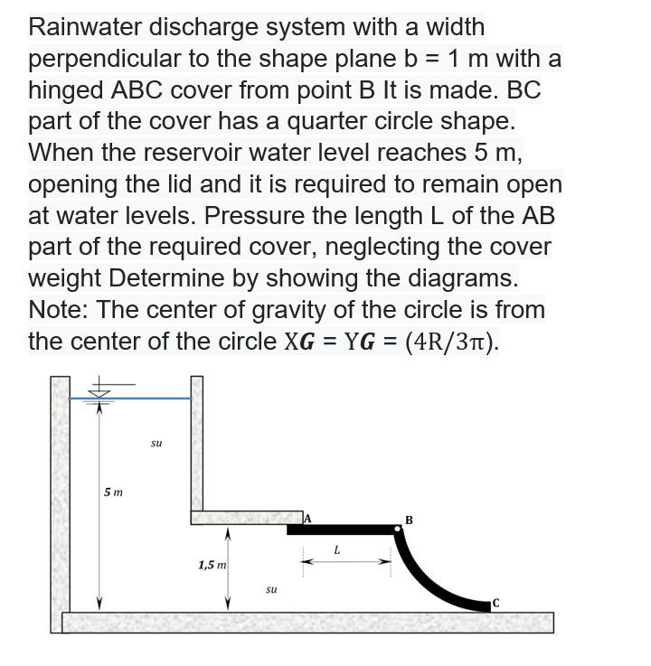 Rainwater discharge system with a width
perpendicular to the shape plane b = 1 m with a
hinged ABC cover from point B It is made. BC
part of the cover has a quarter circle shape.
When the reservoir water level reaches 5 m,
opening the lid and it is required to remain open
at water levels. Pressure the length L of the AB
part of the required cover, neglecting the cover
weight Determine by showing the diagrams.
Note: The center of gravity of the circle is from
the center of the circle XG = YG = (4R/3T).
su
5 m
B
L.
1,5 m
su
