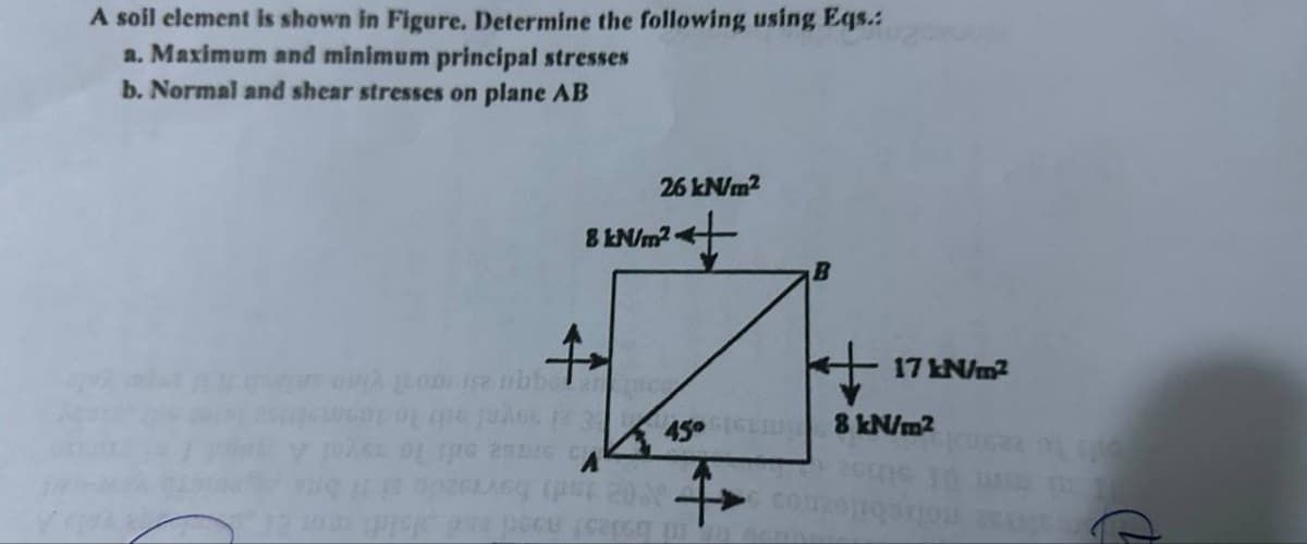 A soil element is shown in Figure. Determine the following using Eqs.:
a. Maximum and minimum principal stresses
b. Normal and shear stresses on plane AB
o ora obbel
LE PAGE
of tre ann
+₂
8 kN/m2
26 kN/m2
26LAGG (PSE
45° IGLED
F
B
*+
17 kN/m²
8 kN/m2