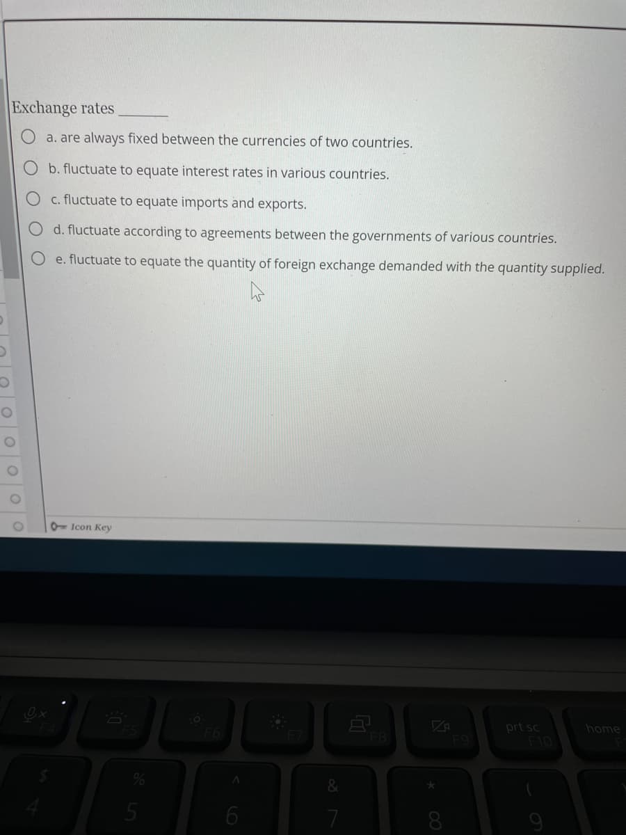 Exchange rates
a. are always fixed between the currencies of two countries.
b. fluctuate to equate interest rates in various countries.
c. fluctuate to equate imports and exports.
d. fluctuate according to agreements between the governments of various countries.
e. fluctuate to equate the quantity of foreign exchange demanded with the quantity supplied.
Icon Key
prt sc
home
F8
$
F5
5
F6
A
6
F7
7
F9
F10