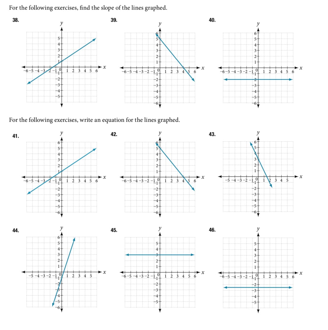 For the following exercises, find the slope of the lines graphed.
38.
39.
41.
-6-5-4-3
44.
y
5+
4-
3-
2-
-1-
-2-
-3-
-4-
-5-4 -2 -1
y
6
5
41
3-
2
1
+
X
2
0
1-3
1 2 3 4 5 6
-1
+2
-3
y
6
5
4-
3-
2+
14
2 3 45 6
For the following exercises, write an equation for the lines
01
·x
2 3 4 5
x
42.
-6-5
45.
-3-2
-3 -2
-6-5-4-3-2
y
3
2-
1
0
-2
graphed.
4+
3-
2-
1
-2
-3
-4-
y
5-
4-
3
2-
1
+14
+2.
-3-
-4-
1 2 3 4
4 5
12
6
4 5 6
#
1 2 3 4 5 6
x
X
40.
43.
46.
-6-5-4-3-2
-6-5-4-3-2
y
3-
2-
1
0
-14
+4
1-
y
5-
2-
14
0
414
-2-
-3-
1
1
2 3 4 5 6
D
345
1 2 3 4 5 6
x
Xx