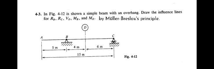 4-3. In Fig. 4-12 is shown a simple beam with an overhang. Draw the influence lines
for Rp, Rc, Vo, M3, and Mp. by Müller-Breslau's principle.
B
5 m
4 m
6 m
15 m
Fig. 4-12
