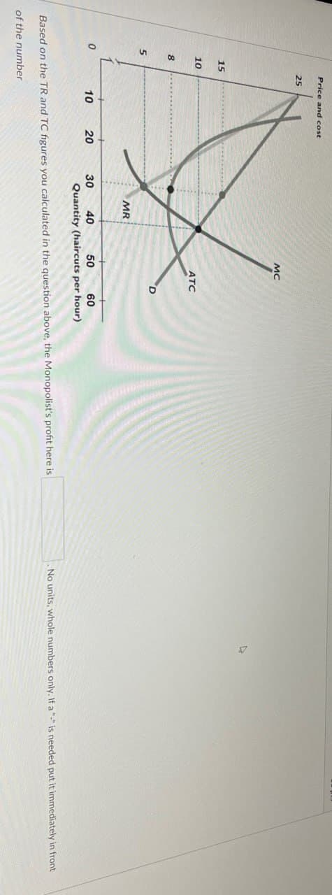 5
15
10
8
Price and cost
25
0
10
20
30
MR
40
MC
50
ATC
60
Quantity (haircuts per hour)
Based on the TR and TC figures you calculated in the question above, the Monopolist's profit here is
of the number
No units, whole numbers only. If a "-" is needed put it immediately in front