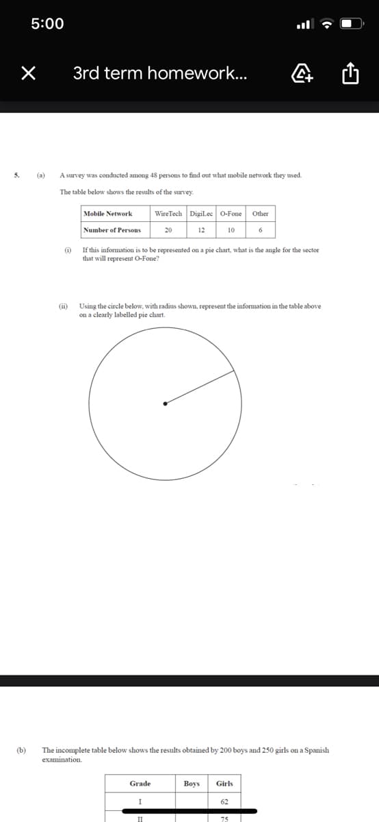 5:00
3rd term homework...
山
5.
(a)
A survey was conducted among 48 persons to find out what mobile network they used.
The table below shows the results of the survey.
Mobile Network
WireTech DigilLec O-Fone
Other
Number of Persons
20
12
10
(i)
If this information is to be represented on a pie chart, what is the angle for the sector
that will represent O-Fone?
(ii)
Using the circle below, with radius shown, represent the information in the table above
on a clearly labelled pie chart.
(b)
The incomplete table below shows the results obtained by 200 boys and 250 girls on a Spanish
examination.
Grade
Вoys
Girls
62
