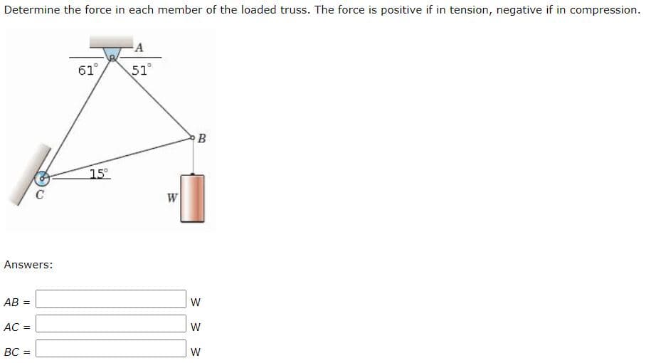 Determine the force in each member of the loaded truss. The force is positive if in tension, negative if in compression.
A
61°
51
B
15°
C
W
Answers:
AB =
AC =
W
BC =
W
