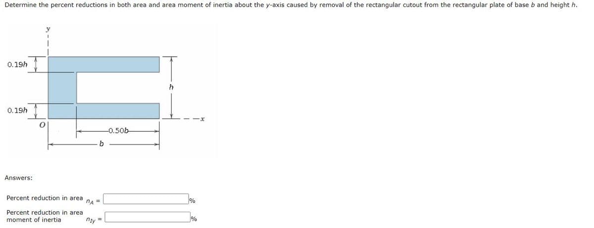 Determine the percent reductions in both area and area moment of inertia about the y-axis caused by removal of the rectangular cutout from the rectangular plate of base b and height h.
0.19h
0.19h
-0.50b
b
Answers:
Percent reduction in area
nA
%
Percent reduction in area
moment of inertia
niv =
%
