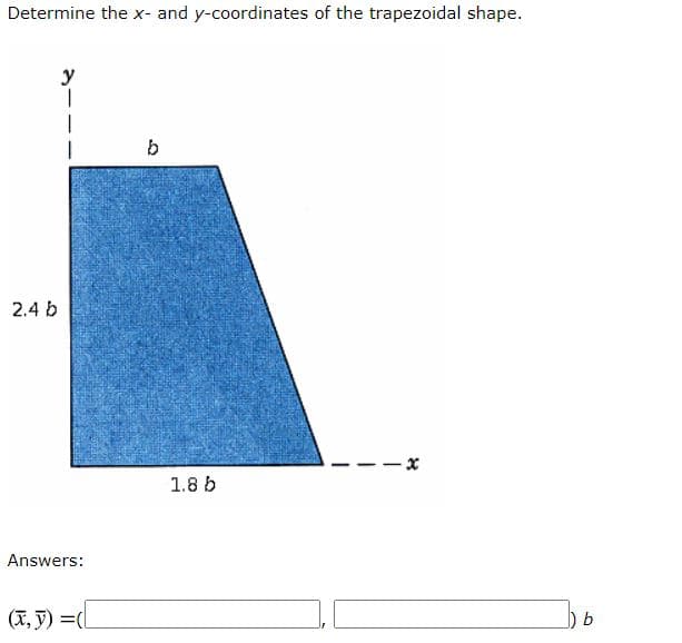 Determine the x- and y-coordinates of the trapezoidal shape.
y
b
2.4 b
1.8 b
Answers:
(X, y) =(l
