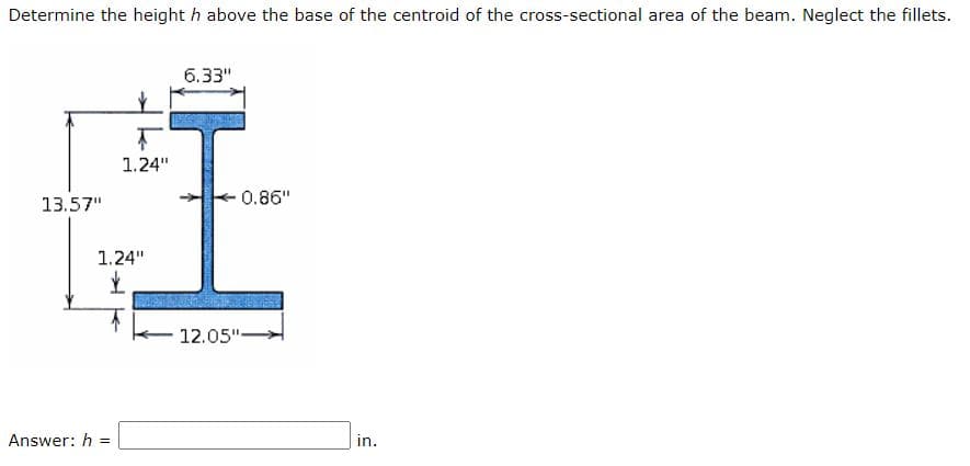 Determine the height h above the base of the centroid of the cross-sectional area of the beam. Neglect the fillets.
6.33"
1.24"
0.86"
13.57"
1.24"
12.05"-
Answer: h =
in.
