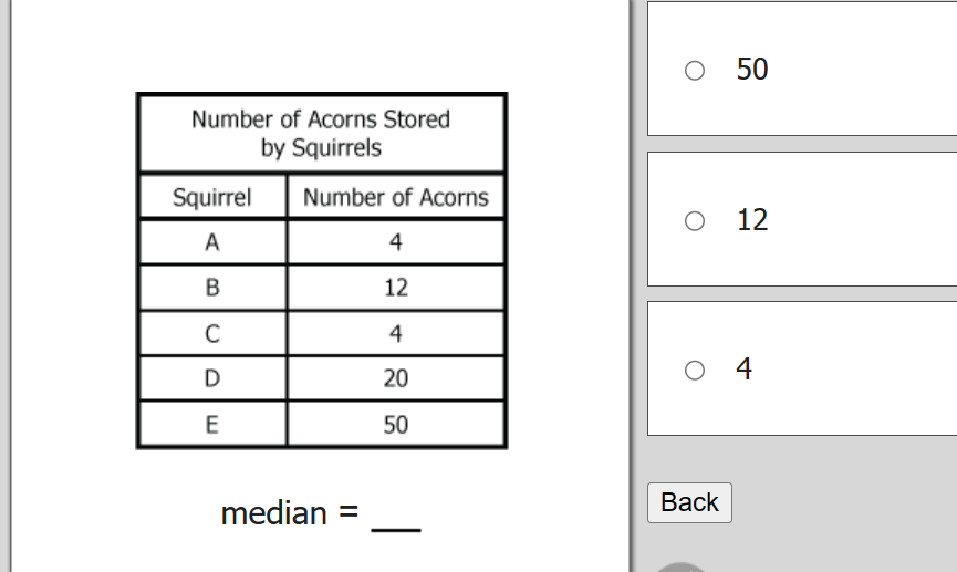 Number of Acorns Stored
by Squirrels
Squirrel Number of Acorns
A
4
B
12
C
4
D
20
E
50
median =
50
O 12
Back
4