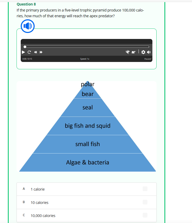 Question 8
If the primary producers in a five-level trophic pyramid produce 100,000 calo-
ries, how much of that energy will reach the apex predator?
0:00/0:15
A
B
C «»
С
1 calorie
10 calories
10,000 calories
Speed: 1x
polar
bear
seal
big fish and squid
small fish
Algae & bacteria
| ✿ ❤
Paused