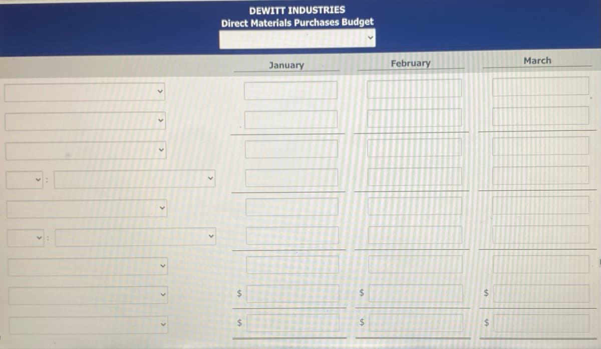 DEWITT INDUSTRIES
Direct Materials Purchases Budget
$
$
January
$
$
February
$
$
March