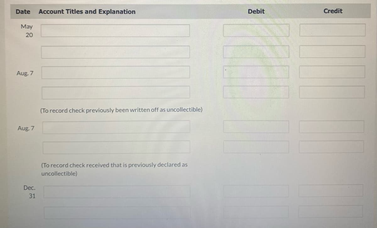 Date Account Titles and Explanation
May
20
Aug. 7
Aug. 7
Dec.
31
(To record check previously been written off as uncollectible)
(To record check received that is previously declared as
uncollectible)
Debit
HT
Credit