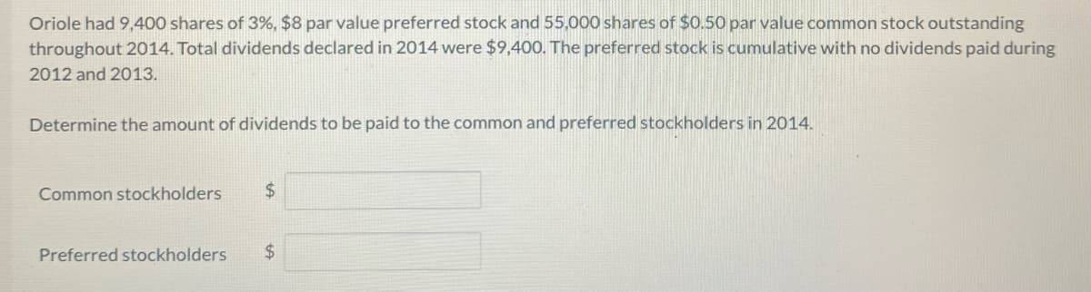 Oriole had 9,400 shares of 3%, $8 par value preferred stock and 55,000 shares of $0.50 par value common stock outstanding
throughout 2014. Total dividends declared in 2014 were $9,400. The preferred stock is cumulative with no dividends paid during
2012 and 2013.
Determine the amount of dividends to be paid to the common and preferred stockholders in 2014.
Common stockholders
$
Preferred stockholders $