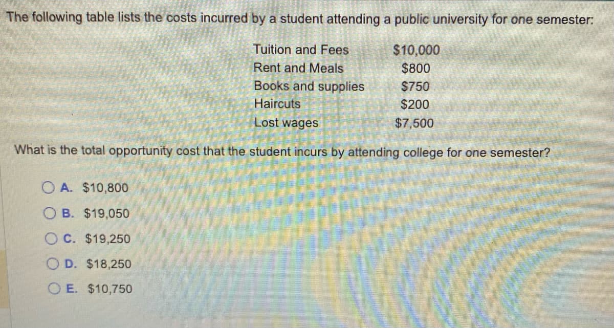 The following table lists the costs incurred by a student attending a public university for one semester:
$10,000
Tuition and Fees
Rent and Meals
$800
Books and supplies
$750
Haircuts
$200
Lost wages
$7,500
What is the total opportunity cost that the student incurs by attending college for one semester?
OA. $10,800
B. $19,050
OC. $19,250
OD. $18,250
OE. $10,750