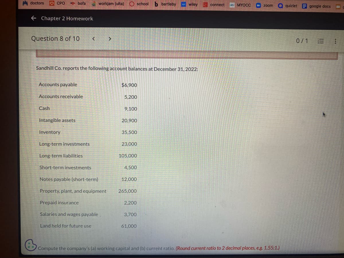 doctors
CPO → bofa
← Chapter 2 Homework
Question 8 of 10
Accounts payable
Accounts receivable
Cash
Sandhill Co. reports the following account balances at December 31, 2022:
Intangible assets
Inventory
Long-term investments
Long-term liabilities
Short-term investments
<
workjam (ulta) school b bartleby ww wiley
Land held for future use
Notes payable (short-term)
Property, plant, and equipment
Prepaid insurance
Salaries and wages payable
>
$6,900
5,200
9,100
20,900
35,500
23,000
105,000
4,500
12,000
265,000
2,200
3,700
61,000
connect
MYOCC
zoom
Compute the company's (a) working capital and (b) current ratio. (Round current ratio to 2 decimal places, e.g. 1.55:1.)
quizlet google docs
0/1
= :