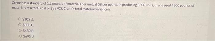 Crane has a standard of 1.2 pounds of materials per unit, at $8 per pound. In producing 3500 units, Crane used 4300 pounds of
materials at a total cost of $33705. Crane's total material variance is
O $105 U.
O $800 U.
O $480 F.
O $695 U.