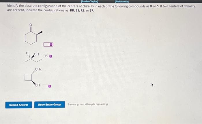 [Review Toples)
[References]
Identify the absolute configuration of the centers of chirality in each of the following compounds as R or S. If two centers of chirality
are present, indicate the configurations as: RR, SS, RS, or SR.
Submit Answer
OH
CH₂
OH
B
ss B
Retry Entire Group
9 more group attempts remaining: