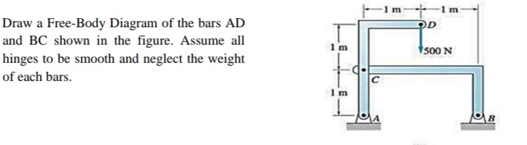 -1 m 1m
Draw a Free-Body Diagram of the bars AD
and BC shown in the figure. Assume all
1m
500 N
hinges to be smooth and neglect the weight
of each bars.
1 m
B.
