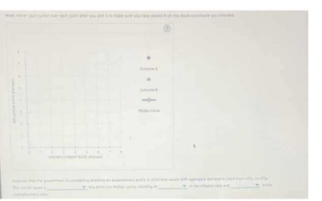 Hint: Hover your cursor ever each point after you plot it to make sure you have placed it on the exact coordinate you intended.
1
UNEMPLOYMENT RATE (Paro
Outcome A
A
Outcome
Phils Curve
Suppose that the government is considering enacting an expansionary policy in 2023 that would shift aggregate demand in 2024 from ADA to AD
This would cause a
the short-run Philips curve, resulting in
in the inflation rate and
in the