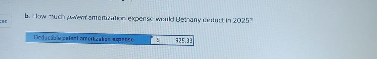 zes
b. How much patent amortization expense would Bethany deduct in 2025?
Deductible patent amortization expense
$
925.33