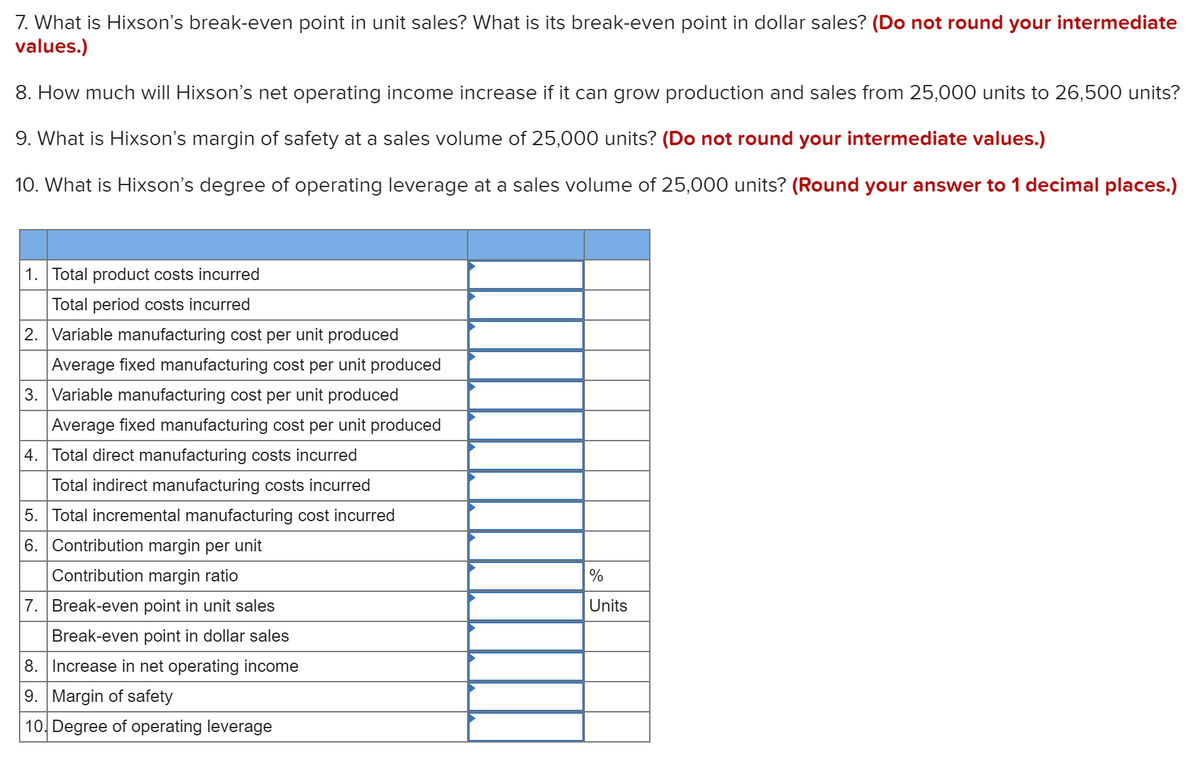 7. What is Hixson's break-even point in unit sales? What is its break-even point in dollar sales? (Do not round your intermediate
values.)
8. How much will Hixson's net operating income increase if it can grow production and sales from 25,000 units to 26,500 units?
9. What is Hixson's margin of safety at a sales volume of 25,000 units? (Do not round your intermediate values.)
10. What is Hixson's degree of operating leverage at a sales volume of 25,000 units? (Round your answer to 1 decimal places.)
1. Total product costs incurred
Total period costs incurred
2. Variable manufacturing cost per unit produced
Average fixed manufacturing cost per unit produced
3. Variable manufacturing cost per unit produced
Average fixed manufacturing cost per unit produced
4. Total direct manufacturing costs incurred
Total indirect manufacturing costs incurred
5. Total incremental manufacturing cost incurred
6. Contribution margin per unit
Contribution margin ratio
%
7. Break-even point in unit sales
Units
Break-even point in dollar sales
8. Increase in net operating income
9. Margin of safety
10. Degree of operating leverage
