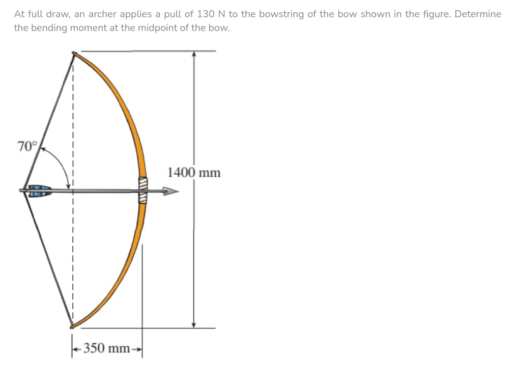 At full draw, an archer applies a pull of 130 N to the bowstring of the bow shown in the figure. Determine
the bending moment at the midpoint of the bow.
70°
1400 mm
+350 mm→
