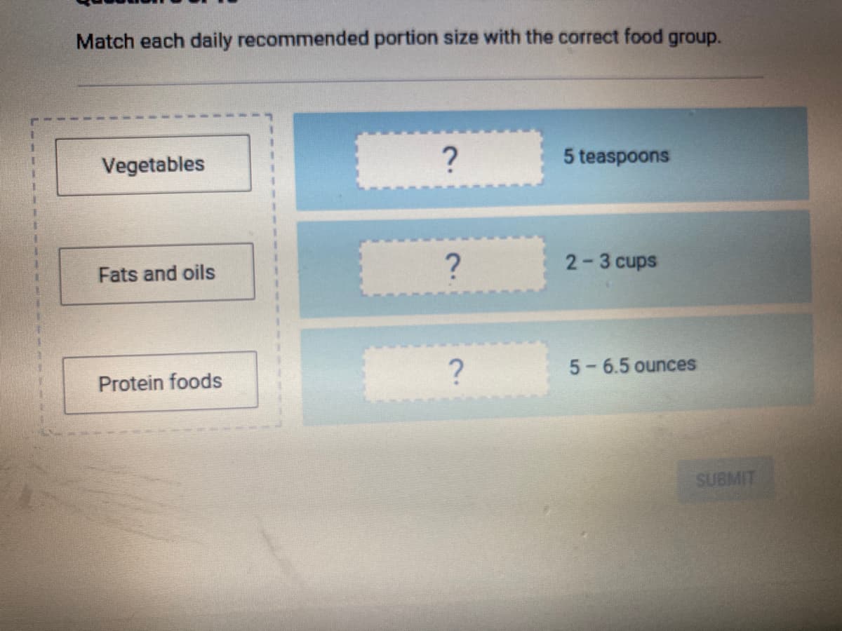 Match each daily recommended portion size with the correct food group.
5 teaspoons
Vegetables
2-3 cups
Fats and oils
5-6.5 ounces
Protein foods
