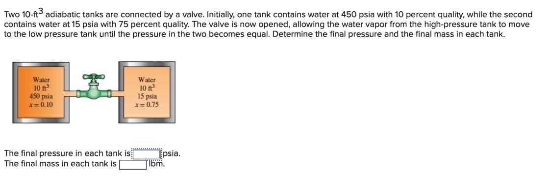 Two 10-ft adiabatic tanks are connected by a valve. Initially, one tank contains water at 450 psia with 10 percent quality, while the second
contains water at 15 psia with 75 percent quality. The valve is now opened, allowing the water vapor from the high-pressure tank to move
to the low pressure tank until the pressure in the two becomes equal. Determine the final pressure and the final mass in each tank.
Water
10 ft
450 psia
Water
10 ft
15 psia
x= 0.75
x= 0,10
The final pressure in each tank is
The final mass in each tank is
psia.
Ibm.
