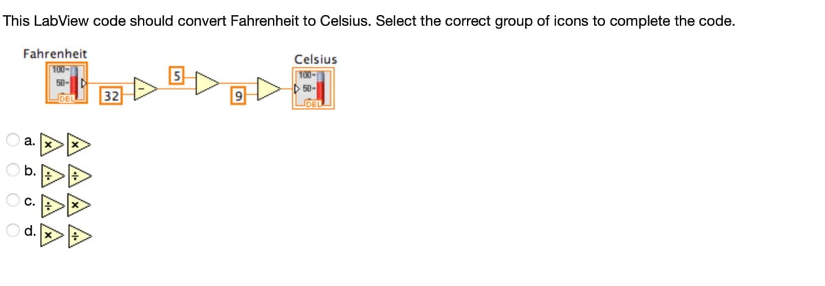 This LabView code should convert Fahrenheit to Celsius. Select the correct group of icons to complete the code.
Fahrenheit
100->
50-
a.
b.
d.
DBL
32
Celsius
100-
50-
DBL