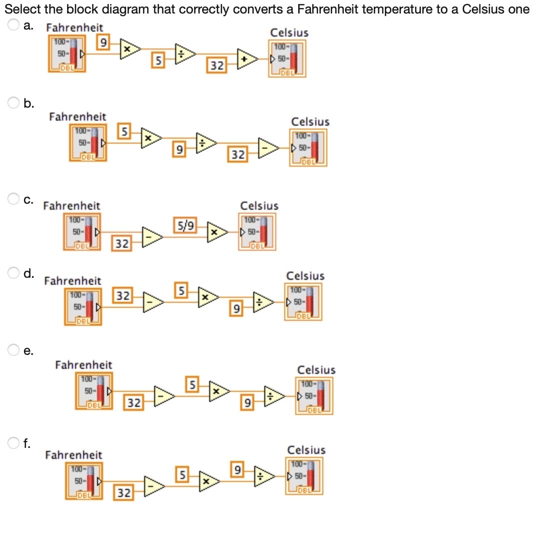 Select the block diagram that correctly converts a Fahrenheit temperature to a Celsius one
a. Fahrenheit
b.
d.
e.
100->
50-
f.
DBL
C. Fahrenheit
100->
50-
Fahrenheit
100-
50-
DBL
9
Fahrenheit
100-
50-
DBL
Fahrenheit
100->
50-
DBL
Fahrenheit
100->
50-
DBL
32
32
32
32
5/9
5
32
32
Celsius
100-
50-
JDBL
9
Celsius
100-
50-
9
Celsius
100-
50-
DBL
Celsius
100->
50-
JDBL
Celsius
100->
50-
JDBL
Celsius
100-
50-
DBL