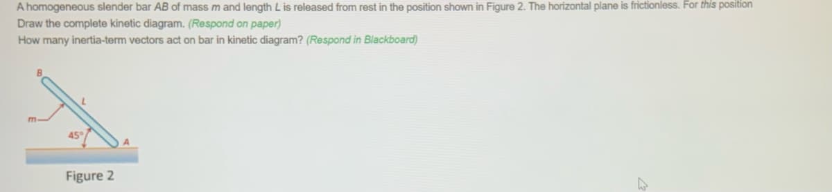 A homogeneous slender bar AB of mass m and length L is released from rest in the position shown in Figure 2. The horizontal plane is frictionless. For this position
Draw the complete kinetic diagram. (Respond on paper)
How many inertia-term vectors act on bar in kinetic diagram? (Respond in Blackboard)
m
45°
Figure 2
