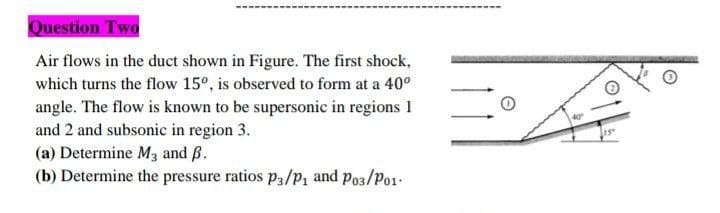 Question Two
Air flows in the duct shown in Figure. The first shock,
which turns the flow 15°, is observed to form at a 40°
angle. The flow is known to be supersonic in regions 1
and 2 and subsonic in region 3.
(a) Determine M3 and B.
(b) Determine the pressure ratios p3/P1 and po3/Po1
40
