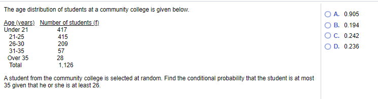 The age distribution of students at a community college is given below.
A. 0.905
Age (years) Number of students (f)
Under 21
IT
B. 0.194
417
21-25
415
C. 0.242
26-30
209
D. 0.236
31-35
57
Over 35
28
Total
1,126
A student from the community college is selected at random. Find the conditional probability that the student is at most
35 given that he or she is at least 26.
