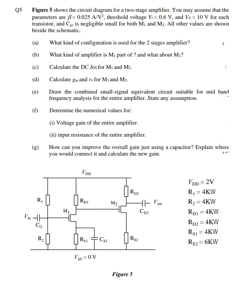 Q5
Figure 5 shows the circuit diagram for a two-stage amplifier. You may assume that the
parameters are ß= 0.025 A/V?, threshold voltage Vi = 0.6 V, and VA = 10 V for each
transistor, and Cgs is negligible small for both M1 and M2. All other values are shown
beside the schematic.
(a)
What kind of configuration is used for the 2 stages amplifier?
(b)
What kind of amplifier is M1 part of ? and what about M2?
(c)
Calculate the DC IDs for Mi and M2.
(d)
Calculate gm and ro for Mi and M2.
Draw the combined small-signal equivalent circuit suitable for mid band
frequency analysis for the entire amplifier. State any assumption.
(e)
(f)
Determine the numerical values for:
(i) Voltage gain of the entire amplifier.
(ii) input resistance of the entire amplifier.
How can you improve the overall gain just using a capacitor? Explain where
you would connect it and calculate the new gain.
(g)
VDD
VDD = 2V
Rp2
R1 = 4KW
R1
Rp1
HE Pout
R2 = 4KW
M1
Cp2
RD1
= 4KW
Vin
Rp2 = 4KW
CG
Rsi = 4KW
R2
R$1
Cs1
Rs2
Rs2 = 6KW
Vss = 0 V
Figure 5
