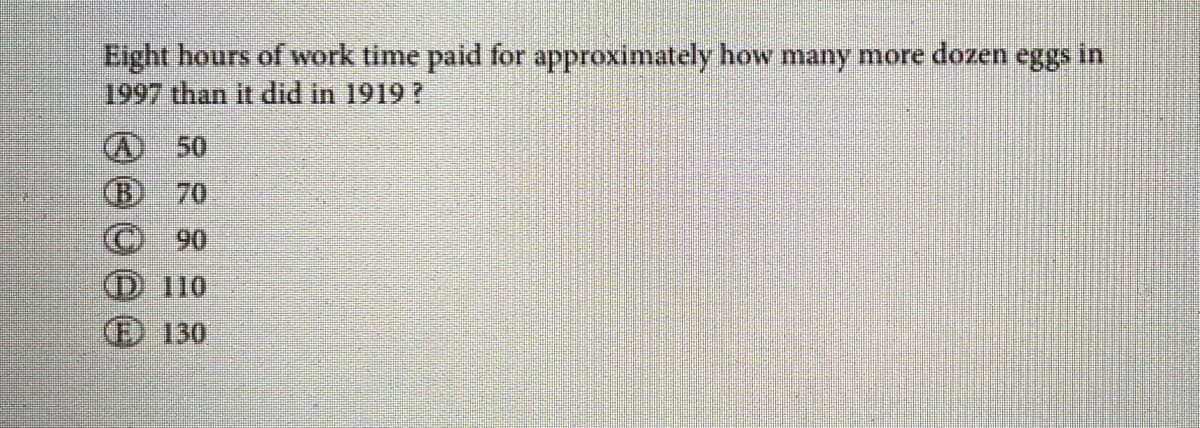 Eight hours of work time paid for approximately how many more dozen eggs in
1997 than it did in 1919 ?
A50
B 70
Ⓒ90
D 110
E 130