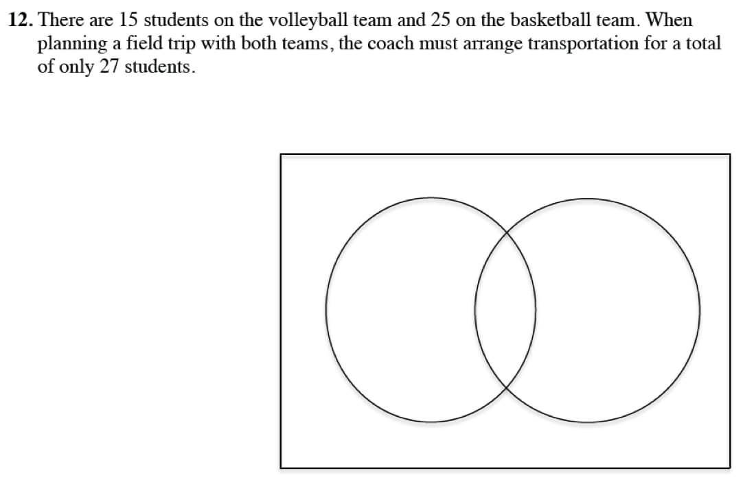 12. There are 15 students on the volleyball team and 25 on the basketball team. When
planning a field trip with both teams, the coach must arrange transportation for a total
of only 27 students.
