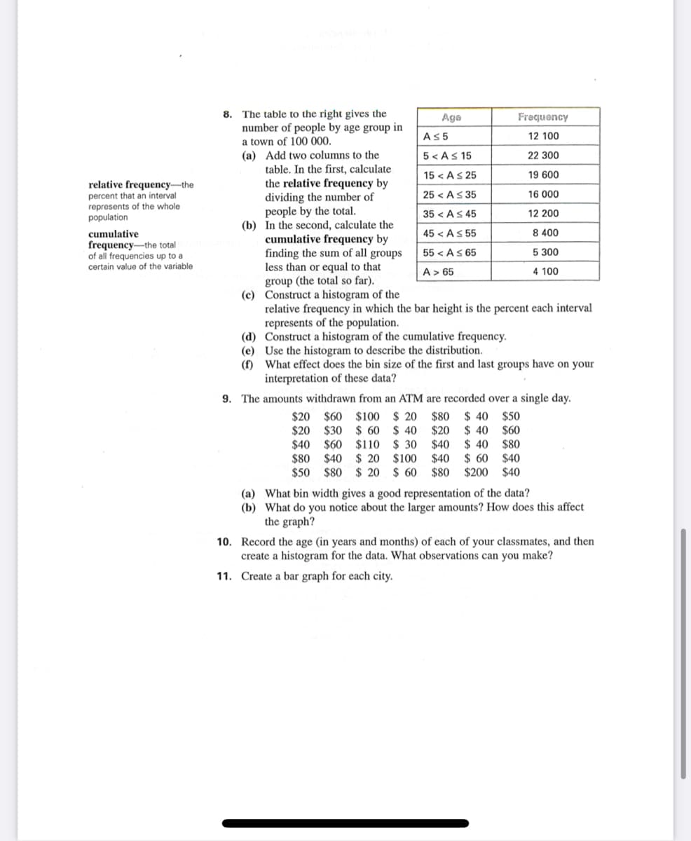 8. The table to the right gives the
Age
Frequency
number of people by age group in
a town of 100 000.
(a) Add two columns to the
table. In the first, calculate
the relative frequency by
dividing the number of
people by the total.
(b) In the second, calculate the
cumulative frequency by
finding the sum of all groups
less than or equal to that
group (the total so far).
(c) Construct a histogram of the
relative frequency in which the bar height is the percent each interval
represents of the population.
(d) Construct a histogram of the cumulative frequency.
(e) Use the histogram to describe the distribution.
(f) What effect does the bin size of the first and last groups have on your
interpretation of these data?
AS5
12 100
5 < AS 15
22 300
15 < As 25
19 600
relative frequency-the
percent that an interval
represents of the whole
population
25 < As 35
16 000
35 < AS 45
12 200
cumulative
45 < AS 55
8 400
frequency-the total
of all frequencies up to a
55 < AS 65
5 300
certain value of the variable
A > 65
4 100
9. The amounts withdrawn from an ATM are recorded over a single day.
$20 $60 $100
$ 20
$80
$ 40 $50
$ 60
$110
$ 40
$ 40
$20 $30
$40 $60
$80 $40
$50
$20
$60
$ 30
$40
$ 40
$80
$ 20 $100
$ 20 $ 60
$40
$ 60
$40
$80
$80
$200
$40
(a) What bin width gives a good representation of the data?
(b) What do you notice about the larger amounts? How does this affect
the graph?
10. Record the age (in years and months) of each of your classmates, and then
create a histogram for the data. What observations can you make?
11. Create a bar graph for each city.
