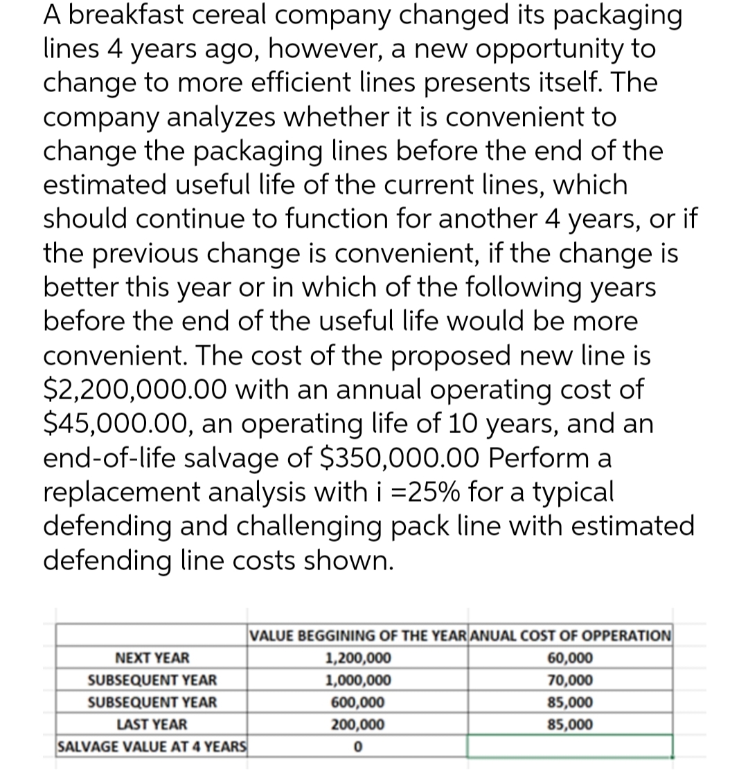 A breakfast cereal company changed its packaging
lines 4 years ago, however, a new opportunity to
change to more efficient lines presents itself. The
company analyzes whether it is convenient to
change the packaging lines before the end of the
estimated useful life of the current lines, which
should continue to function for another 4 years, or if
the previous change is convenient, if the change is
better this year or in which of the following years
before the end of the useful life would be more
convenient. The cost of the proposed new line is
$2,200,000.00 with an annual operating cost of
$45,000.00, an operating life of 10 years, and an
end-of-life salvage of $350,000.00 Perform a
replacement analysis with i =25% for a typical
defending and challenging pack line with estimated
defending line costs shown.
VALUE BEGGINING OF THE YEAR ANUAL COST OF OPPERATION
1,200,000
1,000,000
NEXT YEAR
60,000
70,000
SUBSEQUENT YEAR
SUBSEQUENT YEAR
600,000
85,000
LAST YEAR
200,000
85,000
SALVAGE VALUE AT 4 YEARS
