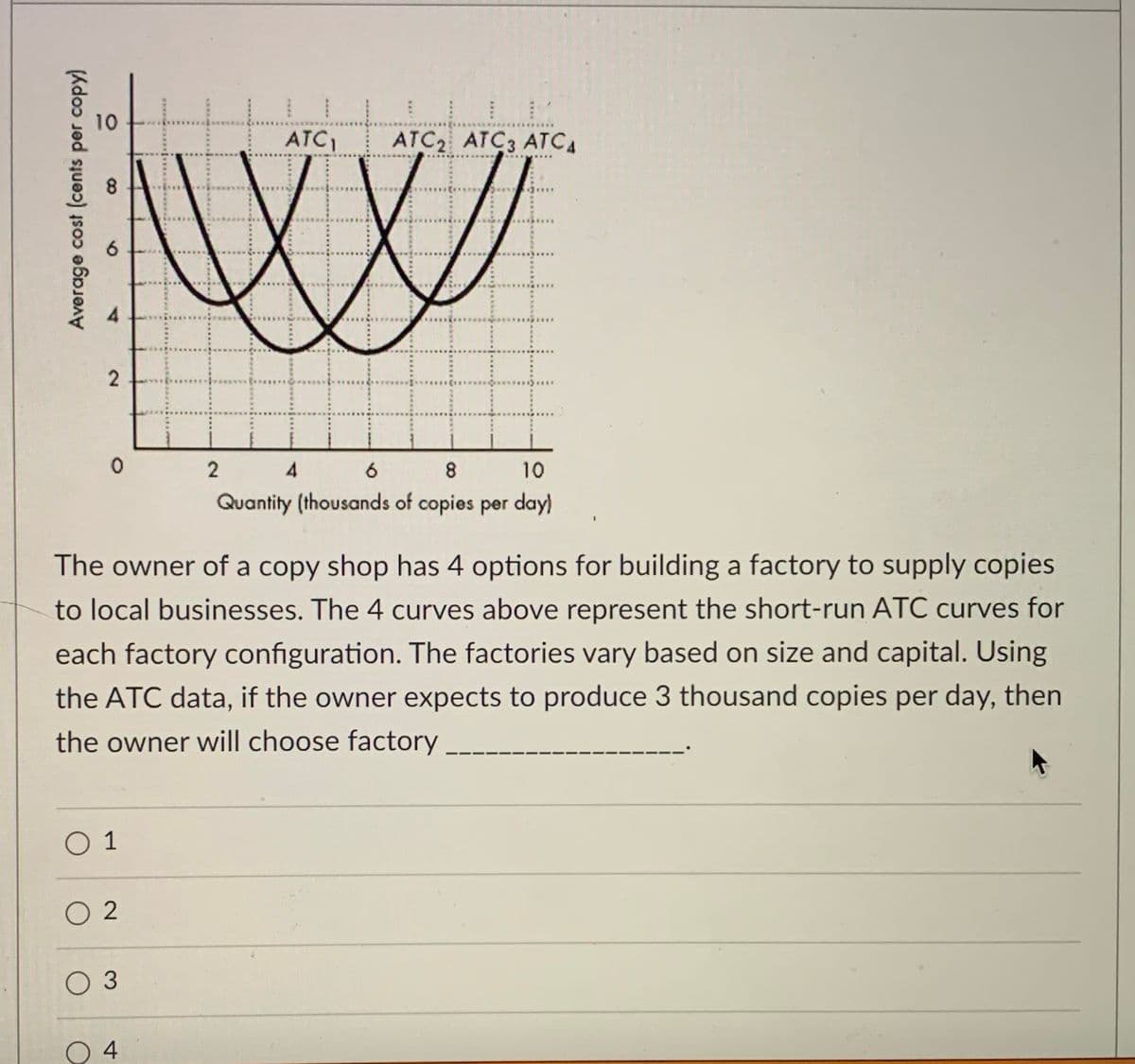 10
ATC
ATC2 ATC3 ATCA
6.
4
8
10
Quantity (thousands of copies per day)
The owner of a copy shop has 4 options for building a factory to supply copies
to local businesses. The 4 curves above represent the short-run ATC curves for
each factory configuration. The factories vary based on size and capital. Using
the ATC data, if the owner expects to produce 3 thousand copies per day, then
the owner will choose factory
O 1
O 2
O 3
O 4
****** *
マ
Average cost (cents per copy)
