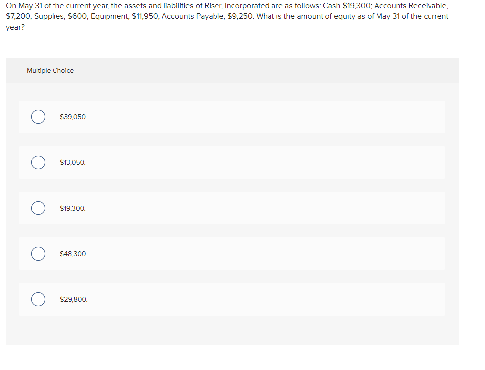On May 31 of the current year, the assets and liabilities of Riser, Incorporated are as follows: Cash $19,300; Accounts Receivable,
$7,200; Supplies, $600; Equipment, $11,950; Accounts Payable, $9,250. What is the amount of equity as of May 31 of the current
year?
Multiple Choice
O
O
$39,050.
$13,050.
$19,300.
$48,300.
$29,800.