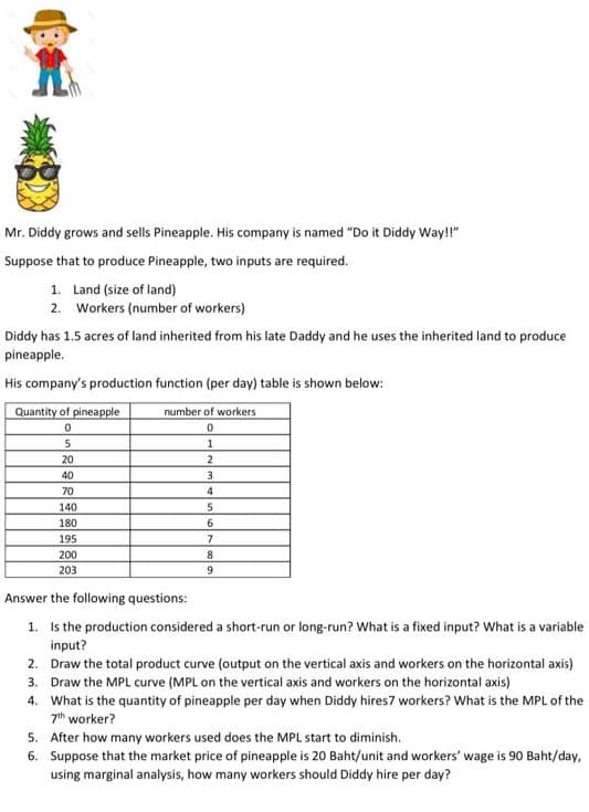 Mr. Diddy grows and sells Pineapple. His company is named "Do it Diddy Way!!"
Suppose that to produce Pineapple, two inputs are required.
1. Land (size of land)
2. Workers (number of workers)
Diddy has 1.5 acres of land inherited from his late Daddy and he uses the inherited land to produce
pineapple.
His company's production function (per day) table is shown below:
Quantity of pineapple
number of workers
0
0
5
1
20
2
40
3
70
4
140
5
180
6
195
7
200
8
203
9
Answer the following questions:
1. Is the production considered a short-run or long-run? What is a fixed input? What is a variable
input?
2. Draw the total product curve (output on the vertical axis and workers on the horizontal axis)
Draw the MPL curve (MPL on the vertical axis and workers on the horizontal axis)
3.
4. What is the quantity of pineapple per day when Diddy hires7 workers? What is the MPL of the
7th worker?
5. After how many workers used does the MPL start to diminish.
6. Suppose that the market price of pineapple is 20 Baht/unit and workers' wage is 90 Baht/day,
using marginal analysis, how many workers should Diddy hire per day?