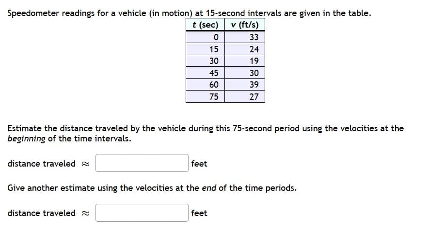 Speedometer readings for a vehicle (in motion) at 15-second intervals are given in the table.
t (sec)
v (ft/s)
33
15
24
30
19
45
30
60
39
75
27
Estimate the distance traveled by the vehicle during this 75-second period using the velocities at the
beginning of the time intervals.
distance traveled a
feet
Give another estimate using the velocities at the end of the time periods.
distance traveled a
feet
