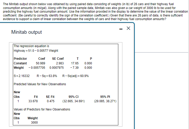 The Minitab output shown below was obtained by using paired data consisting of weights (in lb) of 28 cars and their highway fuel
consumption amounts (in mi/gal). Along with the paired sample data, Minitab was also given a car weight of 3000 lb to be used for
predicting the highway fuel consumption amount. Use the information provided in the display to determine the value of the linear correlation
coefficient. (Be careful to correctly identify the sign of the correlation coefficient.) Given that there are 28 pairs of data, is there sufficient
evidence to support a claim of linear correlation between the weights of cars and their highway fuel consumption amounts?
X
Minitab output
The regression equation is
Highway = 51.0-0.00577 Weight
Predictor
SE Coef
Constant
2.983
Weight -0.0057705 0.0007975
|S=2.16332 R-Sq = 63.8% R-Sq(adj) = 60.9%
Predicted Values for New Observations
New
Obs
1
Coef
50.989
Fit
33.678
SE Fit
0.475
Weight
3000
T
17.65
- 7.39
Values of Predictors for New Observations
New
Obs
1
P
0.000
0.000
95% CI
(32.665, 34.691)
95% Pl
(29.085, 38.271)