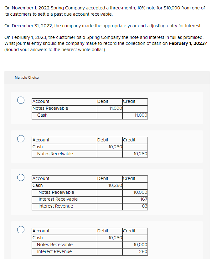 On November 1, 2022 Spring Company accepted a three-month, 10% note for $10,000 from one of
its customers to settle a past due account receivable.
On December 31, 2022, the company made the appropriate year-end adjusting entry for interest.
On February 1, 2023, the customer paid Spring Company the note and interest in full as promised.
What journal entry should the company make to record the collection of cash on February 1, 2023?
(Round your answers to the nearest whole dollar.)
Multiple Choice
Account
Notes Receivable
Cash
Account
Cash
Notes Receivable
Account
Cash
Notes Receivable
Interest Receivable
Interest Revenue
Account
Cash
Notes Receivable
Interest Revenue
Debit
Debit
10,250
Debit
11,000
10,250
Debit
10,250
Credit
11,000
Credit
10,250
Credit
10,000
167
83
Credit
10,000
250