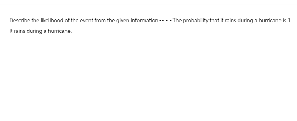 Describe the likelihood of the event from the given information.-- - - The probability that it rains during a hurricane is 1.
It rains during a hurricane.