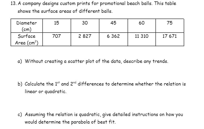 13. A company designs custom prints for promotional beach balls. This table
shows the surface areas of different balls.
Diameter
15
30
45
60
75
(cm)
Surface
707
2 827
6 362
11 310
17 671
Area (cm?)
a) Without creating a scatter plot of the data, describe any trends.
b) Calculate the 1st and 2nd differences to determine whether the relation is
linear or quadratic.
c) Assuming the relation is quadratic, give detailed instructions on how you
would determine the parabola of best fit.
