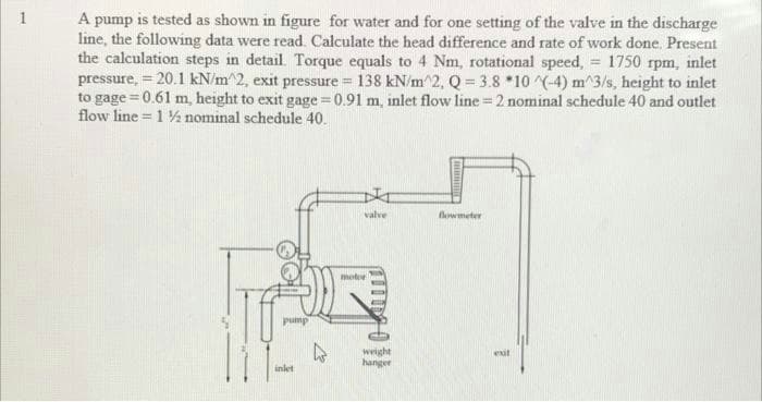 1
A pump is tested as shown in figure for water and for one setting of the valve in the discharge
line, the following data were read. Calculate the head difference and rate of work done. Present
the calculation steps in detail. Torque equals to 4 Nm, rotational speed, 1750 rpm, inlet
pressure, = 20.1 kN/m^2, exit pressure = 138 kN/m^2, Q = 3.8 *10 (-4) m^3/s, height to inlet
to gage = 0.61 m, height to exit gage 0.91 m, inlet flow line 2 nominal schedule 40 and outlet
flow line = 1 ½ nominal schedule 40.
valve
lowmeter
mote
dund
47
weight
hanger
exit
inlet
