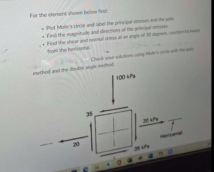 For the element shown below find:
• Plot Mohr's circle and label the principal stresses and the pole.
• Find the magnitude and directions of the principal stresses.
Find the shear and normal stress at an angle of 30 degrees, counterclockwise
from the horizontal.
%24
Check your solutions using Mohr's circle with the pole
method and the double angle method.
100 kPa
20 kPa
20
Horizontal
35 kPa
SHAO
35
